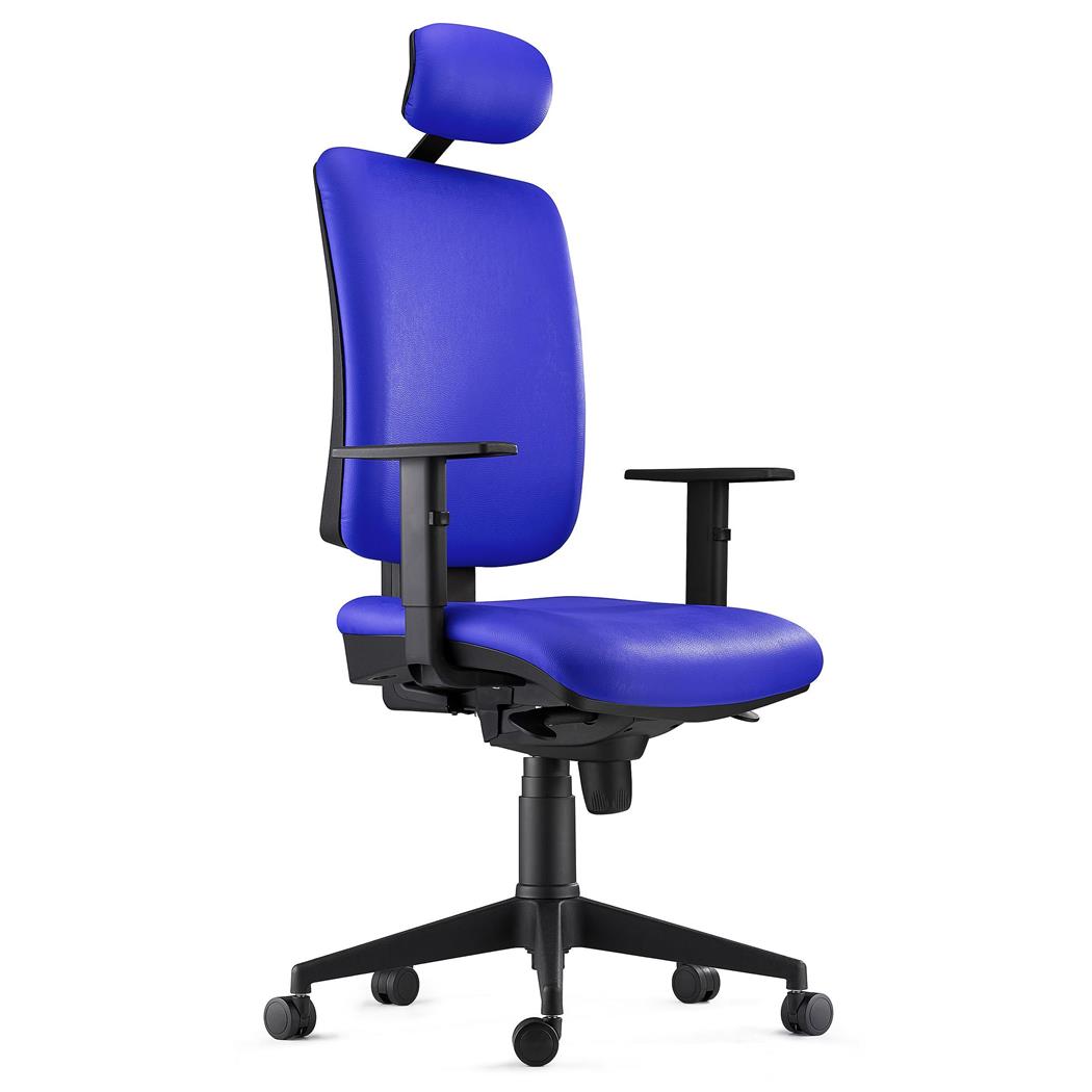 Sedia Ergonomica PIERO, in Pelle color Blu, con Poggiatesta e Braccioli Regolabili