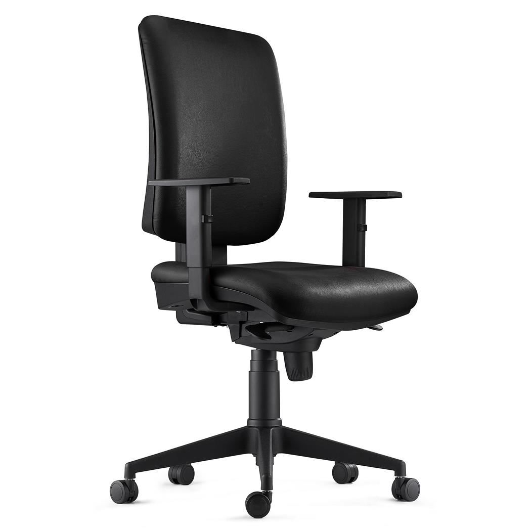 Sedia Ergonomica PIERO, in Vera Pelle color Nero, con Braccioli Regolabili