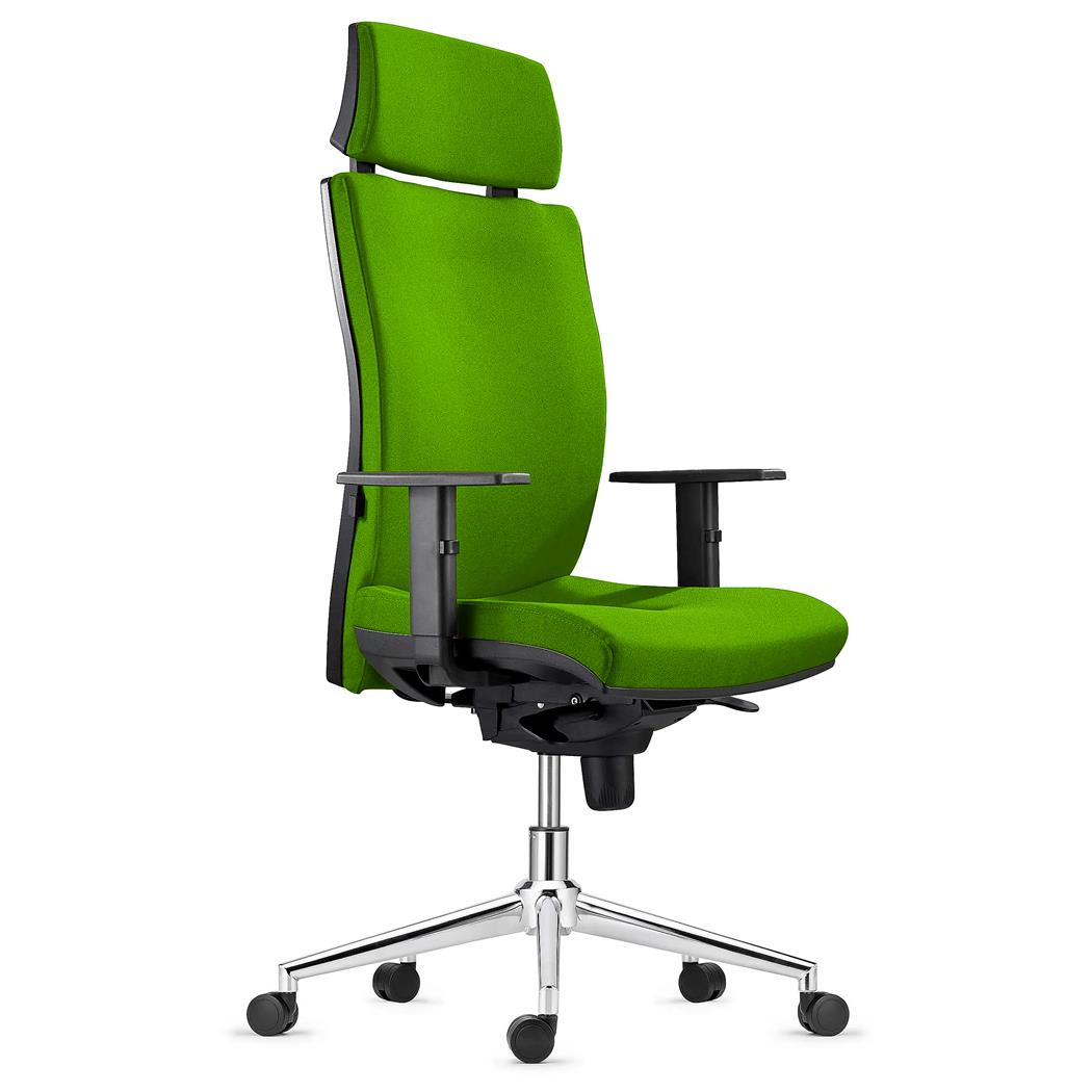 Sedia Ergonomica MARVEL, in Tessuto color Verde, con Base Metallica, con Poggiatesta e Sostegno lombare