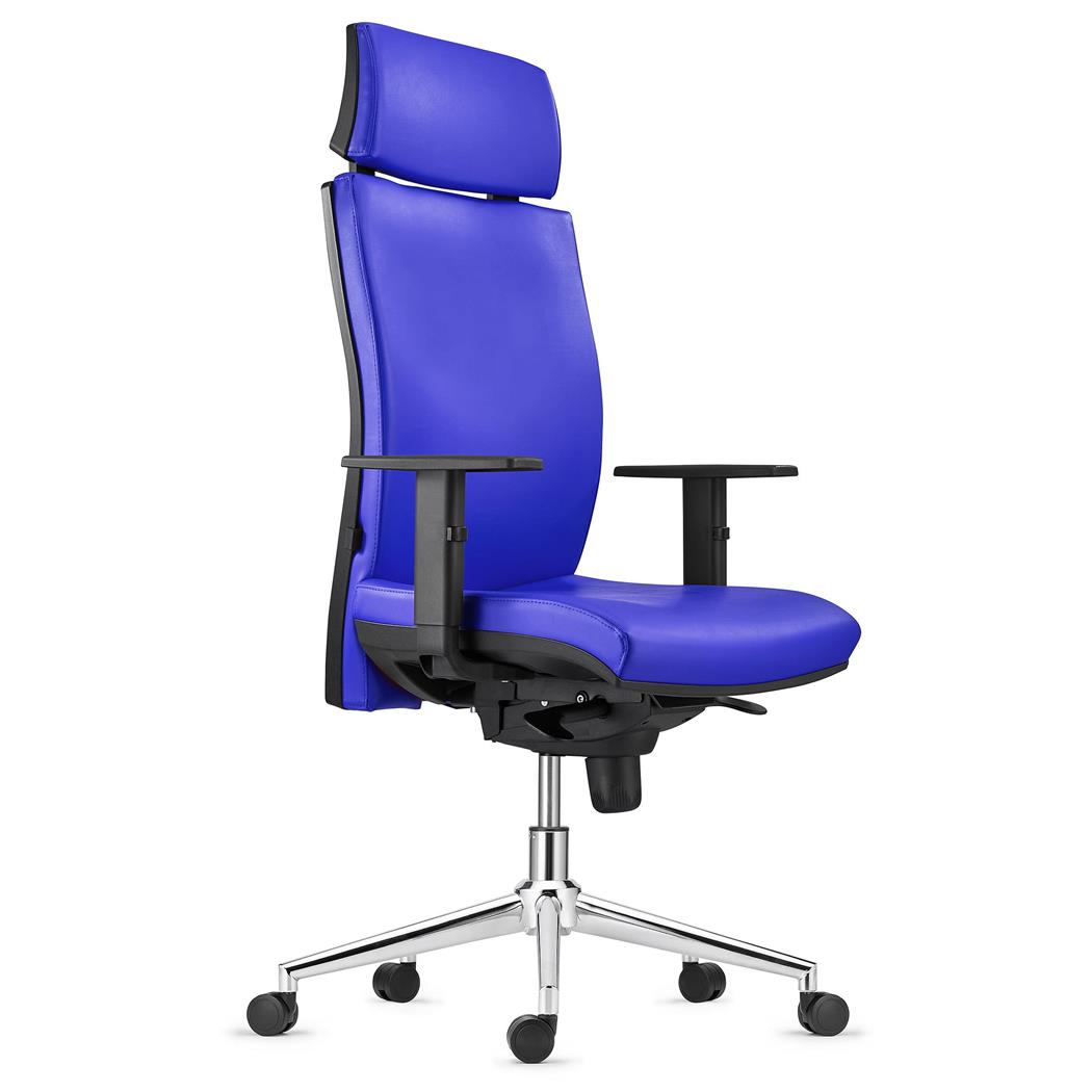 Sedia Ergonomica MARVEL, in Pelle color Blu, con Base Metallica, con Poggiatesta e Sostegno lombare