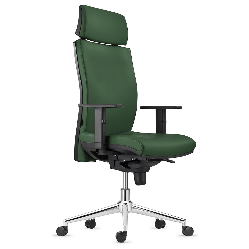 Sedia Ergonomica MARVEL, in Pelle color Verde, con Base Metallica, con Poggiatesta e Sostegno lombare