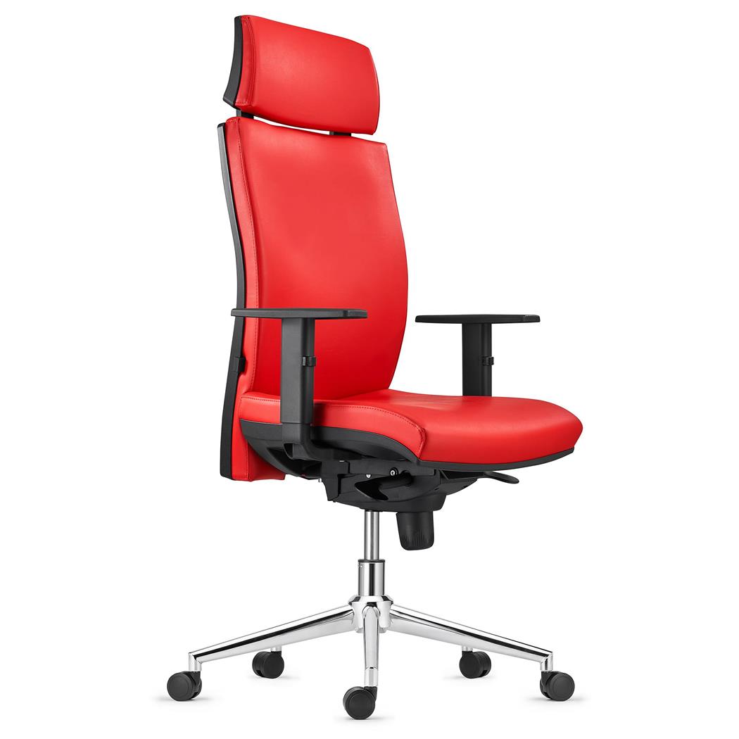 Sedia Ergonomica MARVEL, in Pelle color Rosso, con Base Metallica, con Poggiatesta e Sostegno lombare