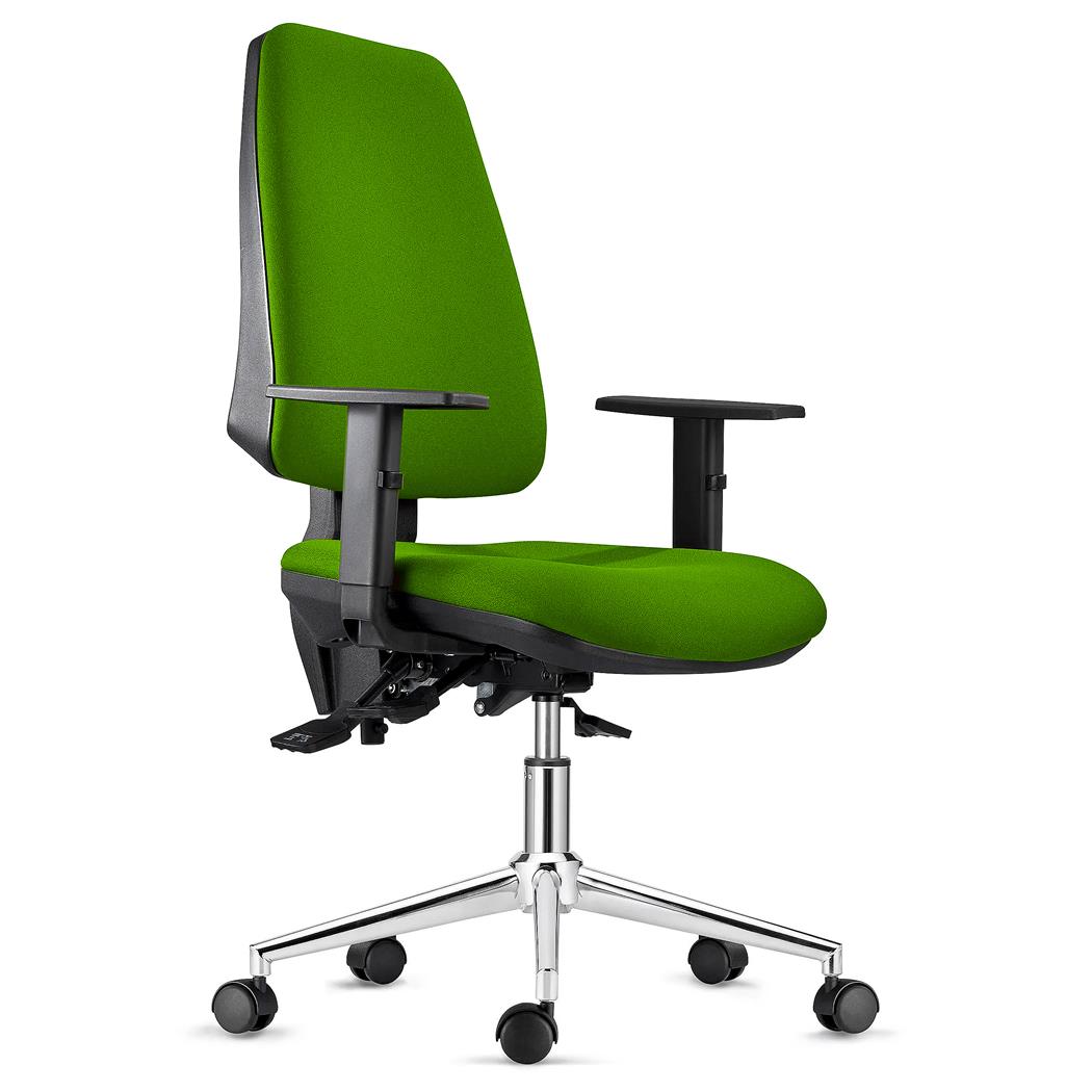 Sedia Ergonomica INDIANA, Base Metallica, Tessuto Ignifugo Verde, con Braccioli Regolabili