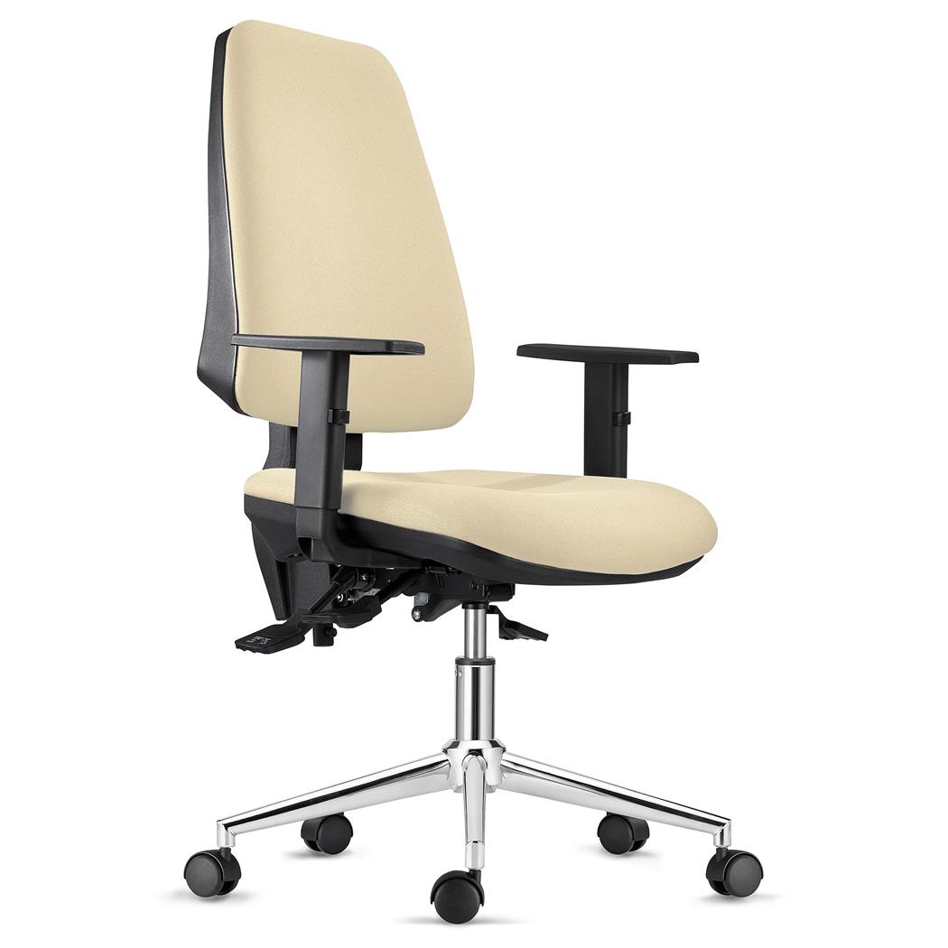 Sedia Ergonomica INDIANA, Base Metallica, Tessuto Ignifugo Crema, con Braccioli Regolabili