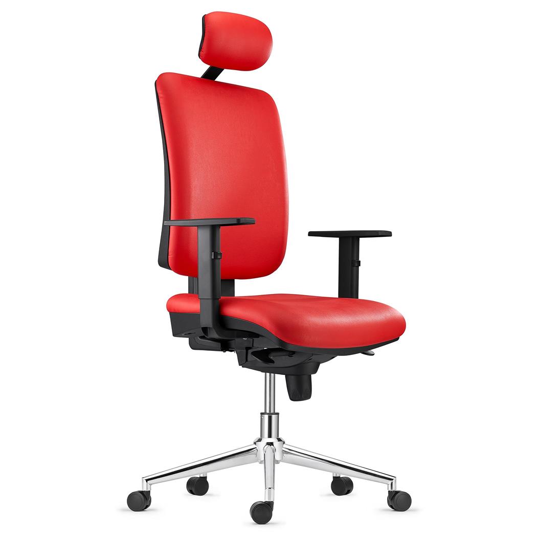 Sedia operativa PIERO, con Base in Metallo Cromato e Poggiatesta, in Pelle color Rosso