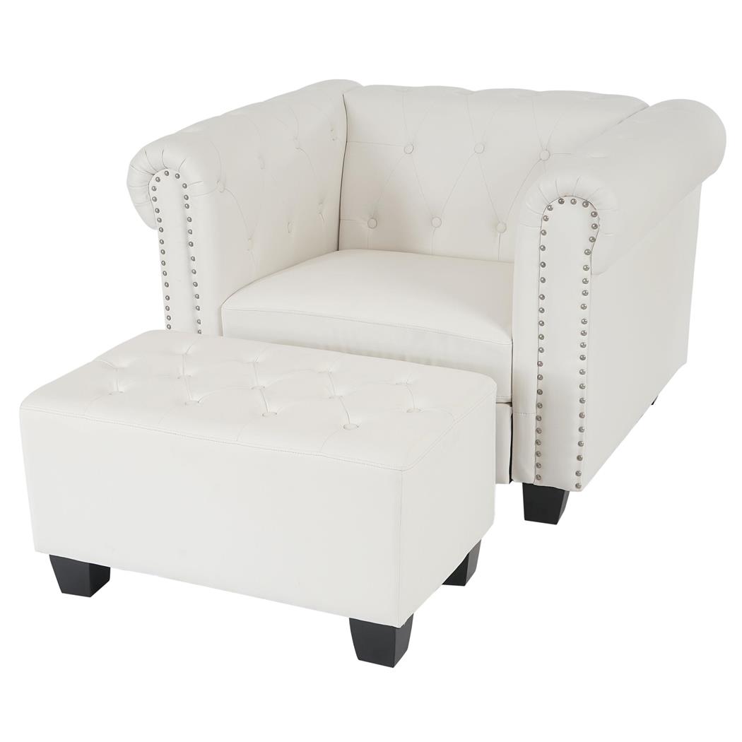 Poltrona Ospiti CHESTER con POUF, Classica ed Elegante, Pelle, Bianco