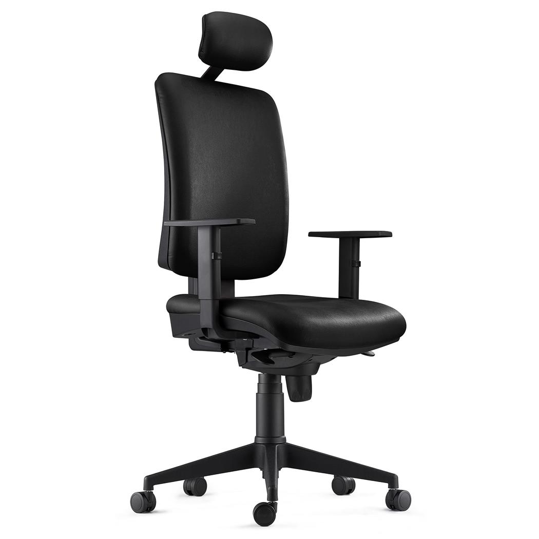 DEMO# Sedia Ergonomica PIERO, in Vera Pelle color Nero, con Poggiatesta e Braccioli Regolabili