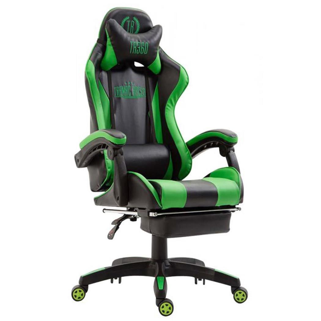 Sedia Gaming LAUDA, Cuscino Lombare e Cervicale, in Pelle Nero/Verde