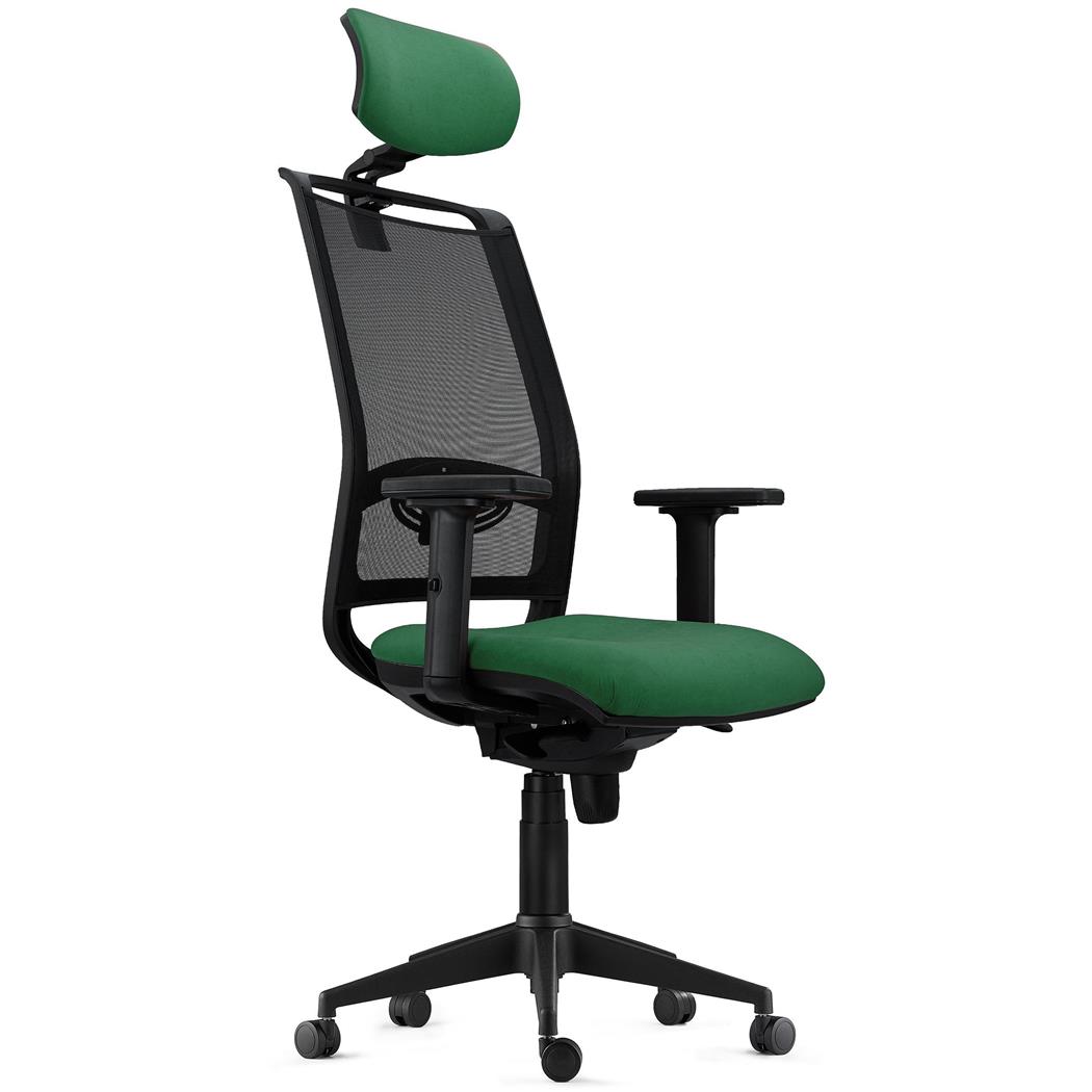 Sedia Ergonomica NETTUNO, Poggiatesta, Supporto Lombare Regolabile, Tessuto e Rete, Verde