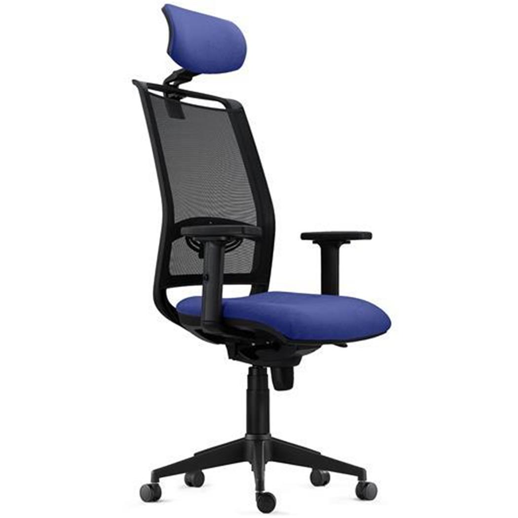 Sedia Ergonomica NETTUNO, Poggiatesta, Supporto Lombare Regolabile, Tessuto e Rete, Blu Scuro