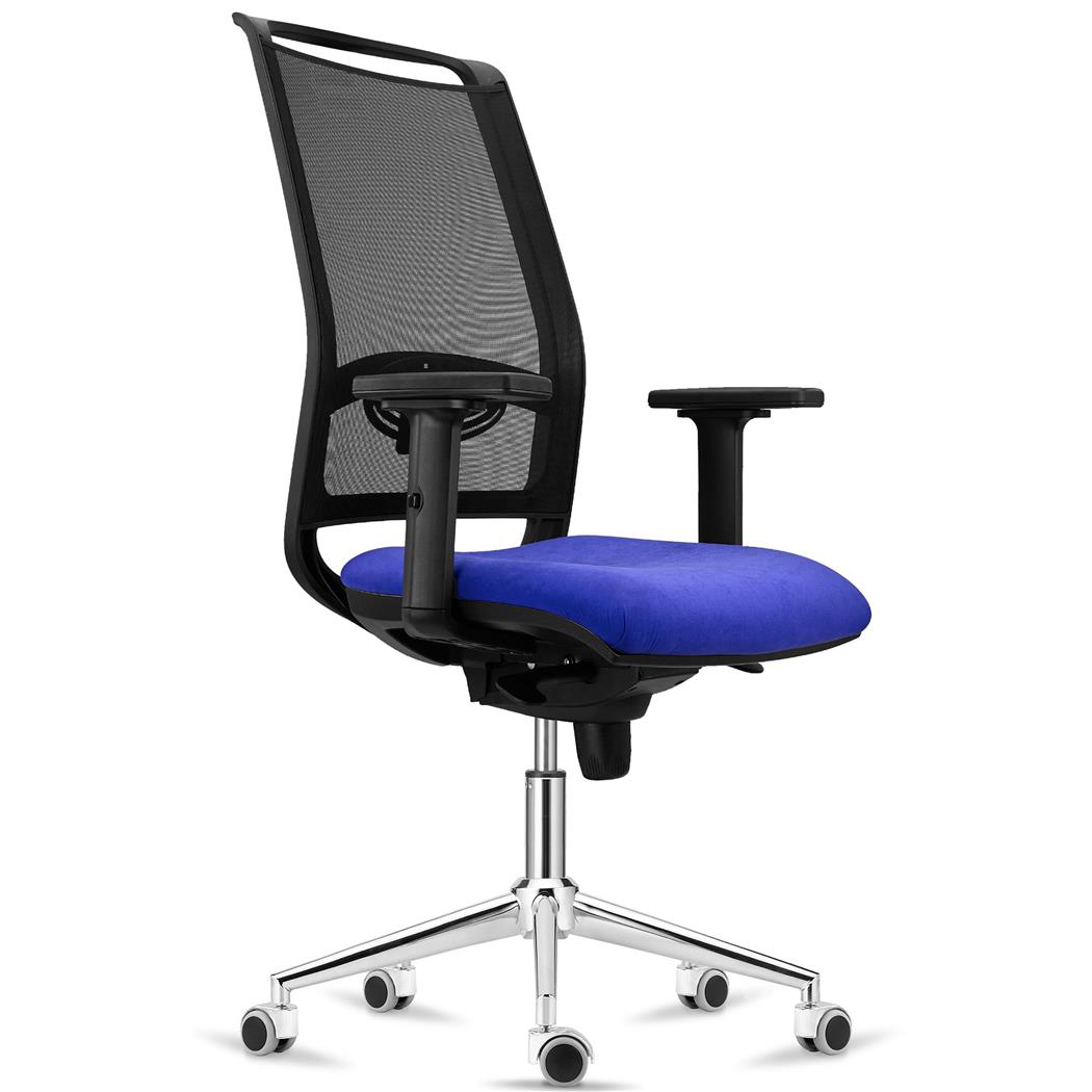 Sedia Ergonomica NETTUNO, Supporto Lombare Regolabile, Base in Metallo, Tessuto e Rete, Blu