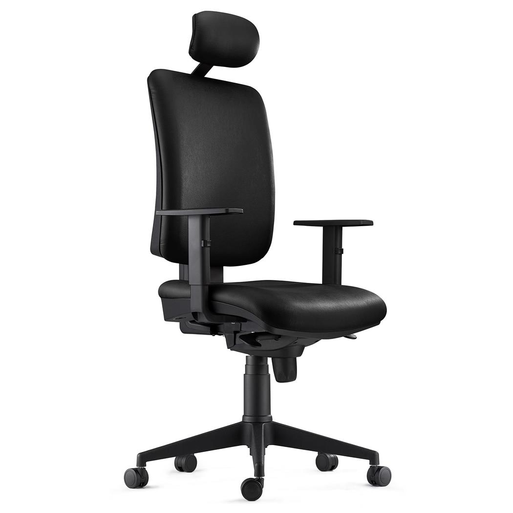 DEMO# Sedia Ergonomica PIERO, in Pelle color Nero, con Poggiatesta e Braccioli Regolabili