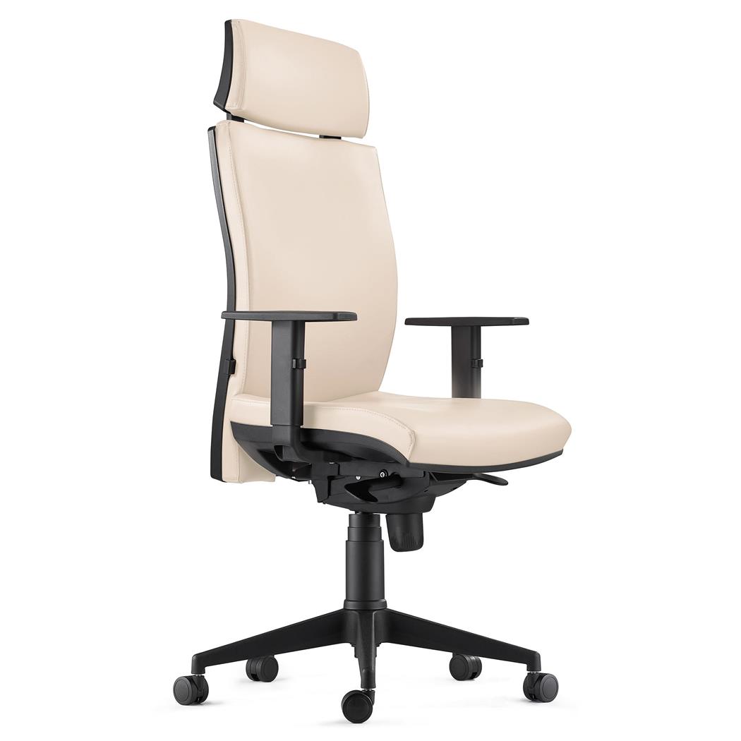 DEMO# Sedia Ergonomica MARVEL, in Pelle color Crema con Poggiatesta e Sostegno lombare