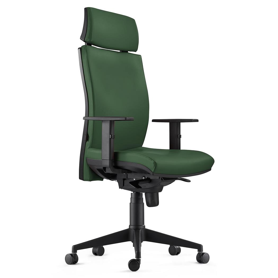 DEMO#  Sedia Ergonomica MARVEL, in Pelle color Verde con Poggiatesta e Sostegno lombare