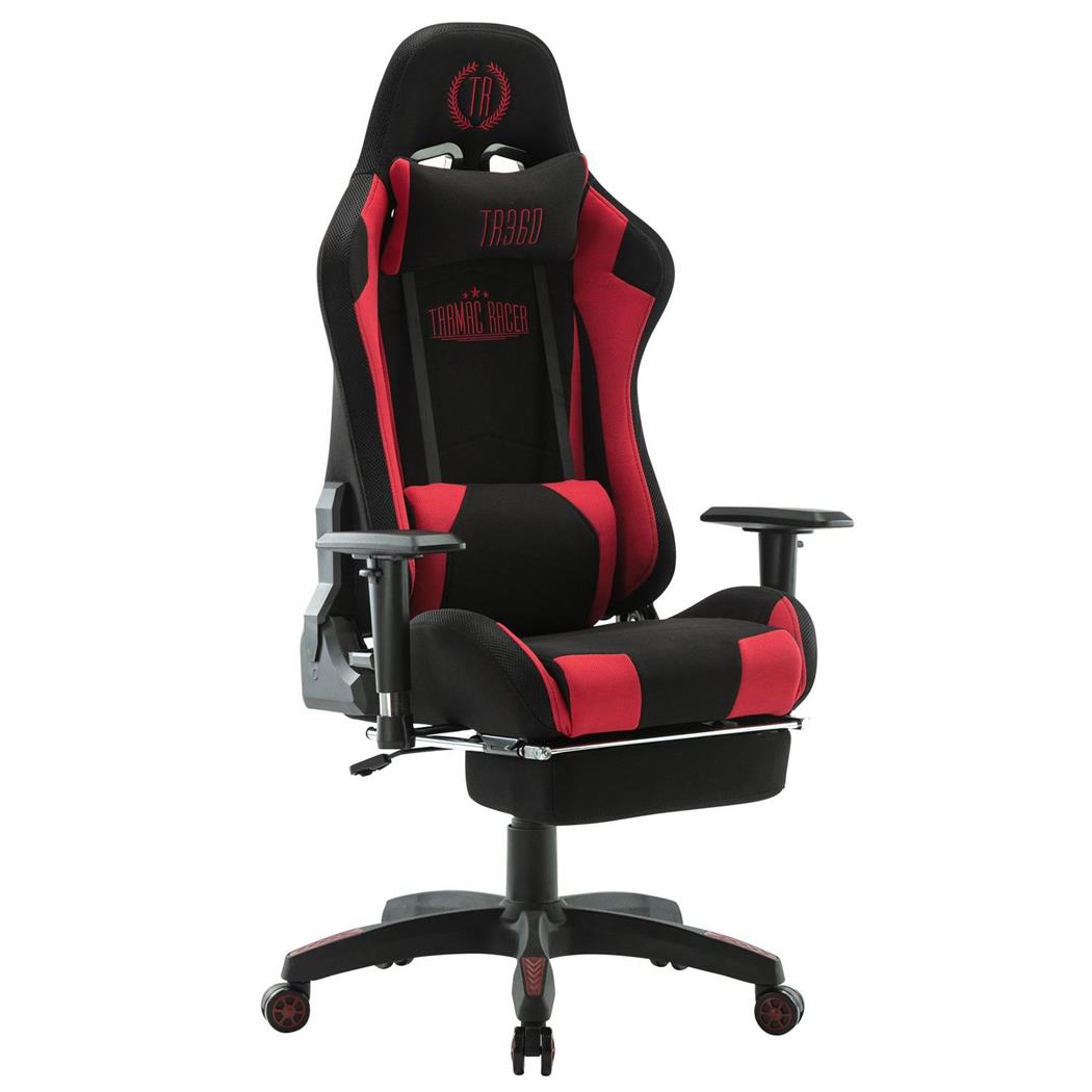 Sedia Gaming TURBO LED con Poggiapiedi, Cuscino Lombare e Cervicale, Tessuto Nero / Rosso