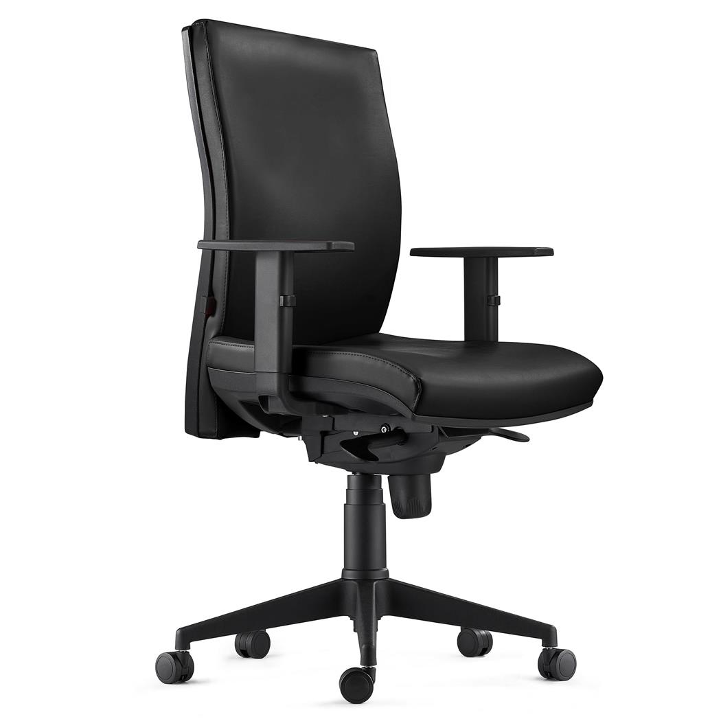 DEMO# Sedia Ergonomica KEVIN, in Pelle color Nero con Sostegno Lombare e Braccioli Regolabili