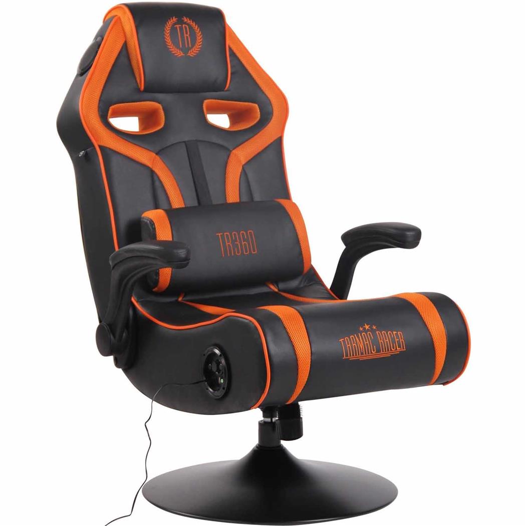 Poltrona Gaming TAUKEN PRO, Sistema Audio Integrato, Braccioli, Rete e Pelle, Nero e Arancione