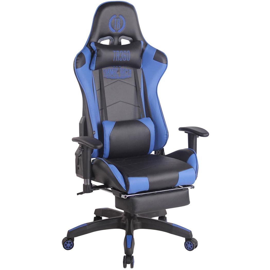 Sedia Gaming TURBO con Poggiapiedi, Cuscini Lombare e Cervicale, in Pelle, Nero/Blu