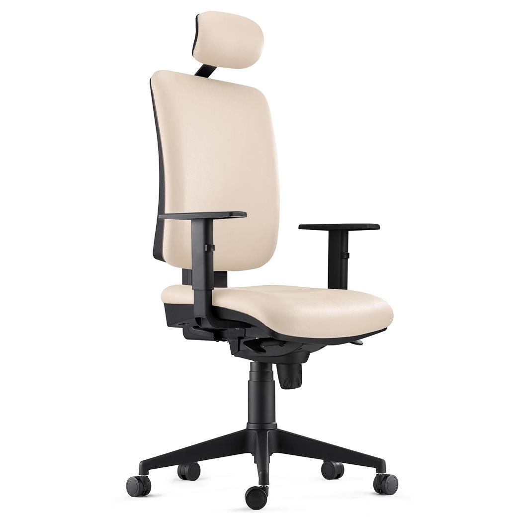 DEMO# Sedia Ergonomica PIERO, in Pelle color Crema, con Poggiatesta e Braccioli Regolabili