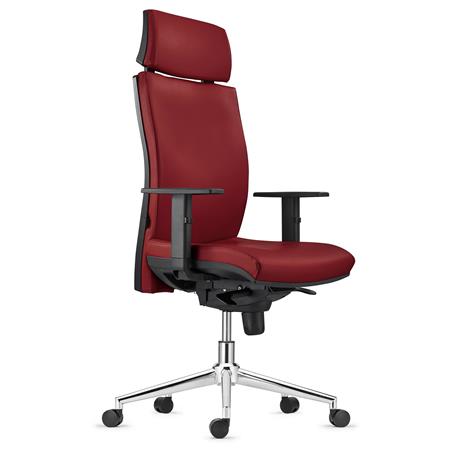 DEMO# Sedia Ergonomica MARVEL in Vera Pelle color Bordeaux, con Base Metallica, con Poggiatesta e Supporto Lombare