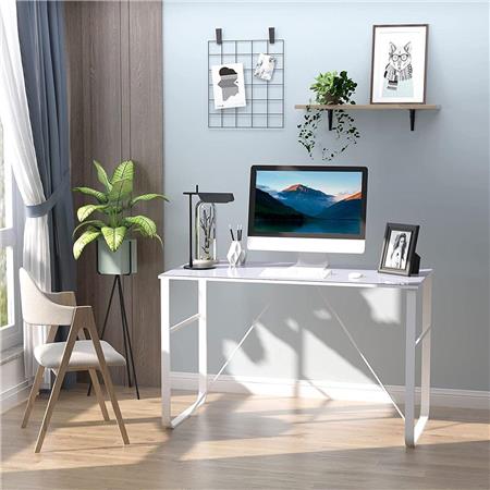 Tavolo per PC KIMBO, 120x60x74,5cm, Elegante, in Metallo e Vetro Bianco