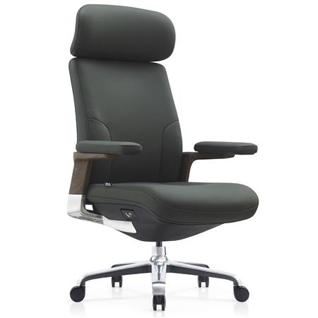 Poltrona da Ufficio SOPRANO, Imbottita, Elegante, Dettagli in Legno, Vera Pelle, Verde