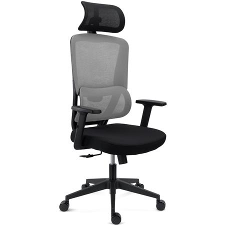Sedia Ergonomica SUPRA, Confortevole, Supporto Lombare, Poggiatesta, Rete Traspirante e Tessuto, Grigio