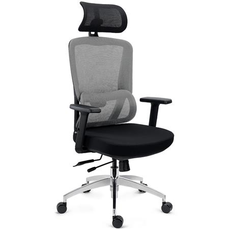 Sedia Ergonomica SUPRA MAX, Regolazioni Avanzate, Poggiatesta, Rete Traspirante e Tessuto, Grigio
