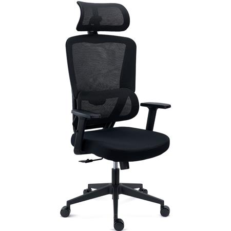 DEMO# Sedia Ergonomica SUPRA, Confortevole, Supporto Lombare, Poggiatesta, Rete Traspirante e Tessuto, Nero