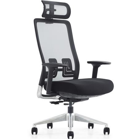 Sedia Ergonomica EVORA, Confortevole, Design Esclusivo, Poggiatesta, Dettagli in Alluminio, Rete, Nero