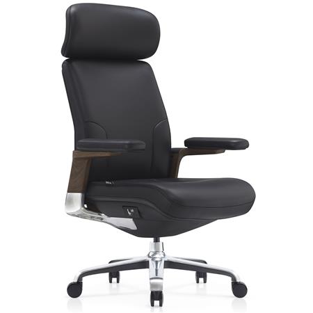 DEMO# Poltrona da Ufficio SOPRANO, Imbottita, Elegante, Dettagli in Legno, Vera Pelle, Nero
