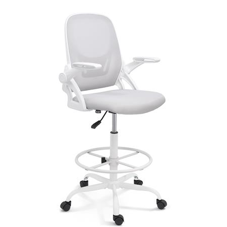 Sgabello da Lavoro GEAR, Braccioli Abbattibili, Poggiapiedi Regolabile, Struttura Bianca, Grigio