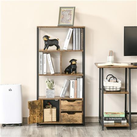 Libreria TERAX, 3 Ripiani, Armadietto e 2 Cassetti, 58x24x122cm, in Acciaio e Legno Marrone