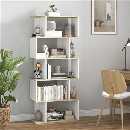 Libreria BLIN, Stile Nordico, 70x29,5x163cm, in Legno Colore Bianco e Rovere