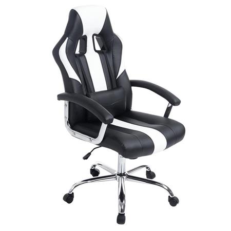 Poltrona Gaming INDOS, Design Sportivo, Grande Comfort, Base in Metallo, in Pelle Nero / Bianco