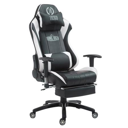 Sedia Gaming TURBO con Poggiapiedi, Cuscino Lombare e Cervicale, in Pelle, Nero/Bianco