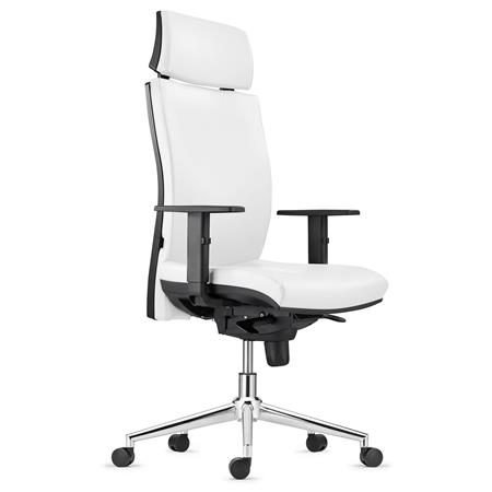 Sedia Ergonomica MARVEL in Vera Pelle color Bianco, con Base Metallica, con Poggiatesta e Supporto Lombare