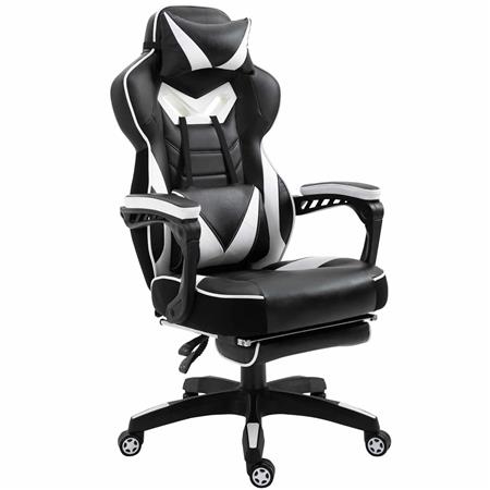 Poltrona Gaming TRONE, Reclinabile, XXL, con Poggiapiedi, in Pelle Nero/Bianco